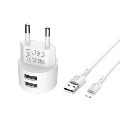 Мережевий зарядний пристрій Borofone BA23A Brilliant (2USB, 2.4А) White (BA23ALW) + кабель Lightning BA23ALW фото